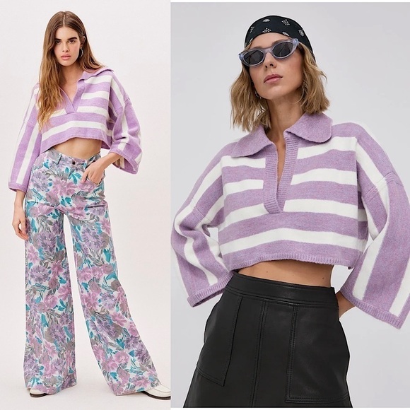 NWT LOVE LEMONS 90s Lavender Stripe V-Neck Oversized Soft Knit Cropped Sweater L - Picture 1 of 15